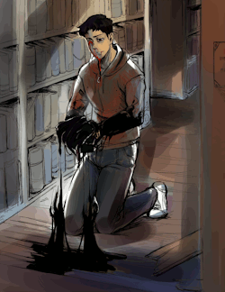 shynii:   If it’s dark under the floorboards of the library, it’s not because there’s no light. The blackness oozes up over his arms, sticking to his sleeves, and the smell is overwhelming. He leans in up to his elbows, tar leaking up and spreading