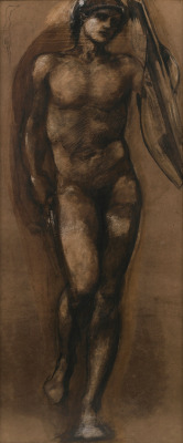 Sir Edward Burne-Jones, study for the Prince Enters the Briar Wood, black and brown ink with charcoal, wash and bodycolor on brown paper