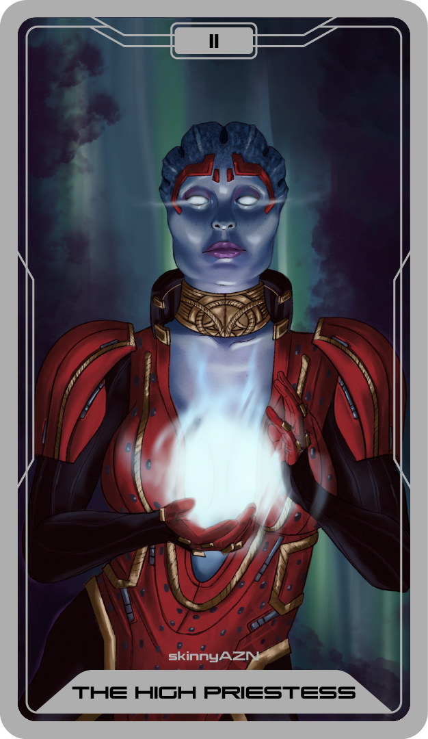 I made my second card for my Mass Effect Tarot series! I’m definitely going back and redoing Liara’s The Star, but I’m very happy how this one turned out.
The High Priestess: High Priestess is a card of mystery, stillness and passivity. She is the...