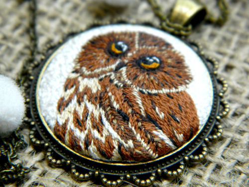 The elegant necklace &ldquo;The owl bird&rdquo; with painting micro embroidery made with brown, blac