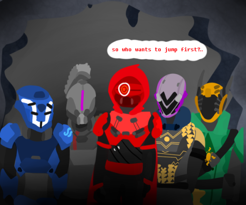 stuck-in-destiny:  They’re contemplating who’s going to jump the chasm first…It must be a miracle how they made it through the Gorgon’s Labyrinth with their EXISTENCE intact…Earlier…