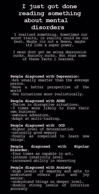 running-on-redstone:  dark-cigarettes:  touchinginfinity:  todayidecidedtothink:  EVERYONE STOP AND READ THIS holy shit this is accurate. for me depression, adhd and anxiety apply.  I don’t think I’ve ever seen a more accurate description of myself.