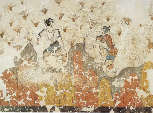 greekgazetteer:Frescoes from Akrotiri (c. 1500bc)- Saffron pickers &amp; offering saffron to a g