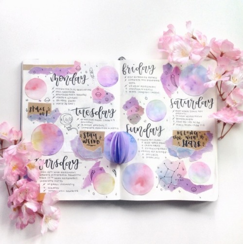 sprouht-studies: had loads of fun planning for this floral/ watercolor/ pastel galaxy spread!! love 