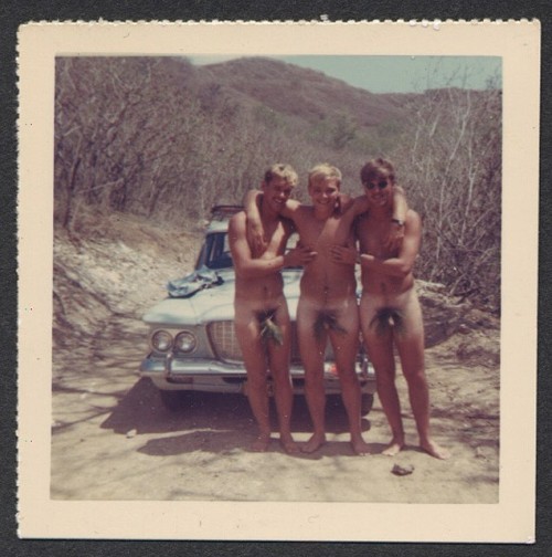 averagedudenextdoor: photobigbang: vintage snapshot 60s ,  3 naked men with car Vintage Bros go