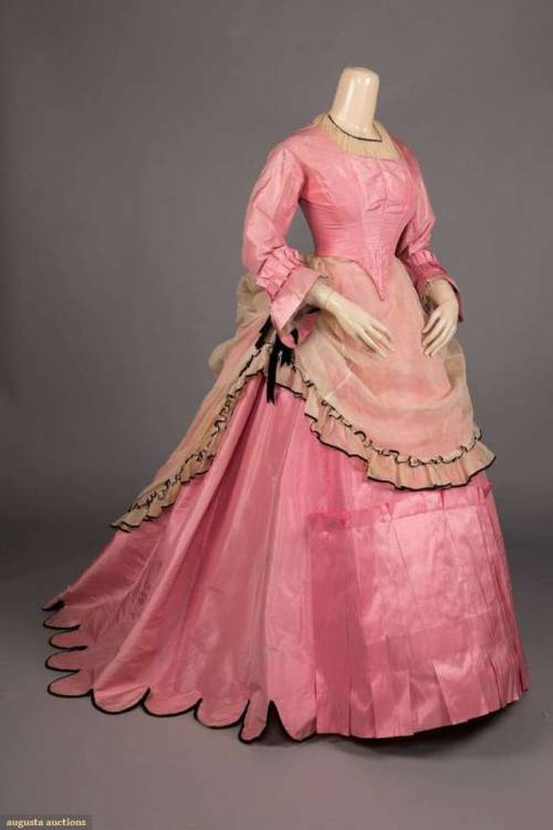 PINK SILK TAFFETA DINNER GOWN, c. 1869Bubblegum pink silk taffeta 3-pc gown w/ square neckline &amp;