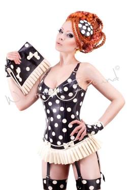 westward-bound-latex:  &ldquo;Pure Cute&rdquo; - Model Ophelia Overdose in Westward Bound&rsquo;s Cirque-Sucré #Latex #Corset with six detachable #suspenders was inspired by #retro#lingerie lines and polka dots. All accessories shown are ours