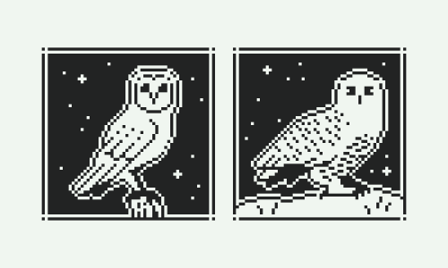 A couple of 1-bit owls I did for yesterday’s Pixel Dailies!Uses the 1-bit Monitor Glow palette by Po