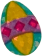 sticker of an easter egg with blue and yellow vertical stripes, and a band of purple decorated with pink diamonds across the center. it has a shiny foil finish.