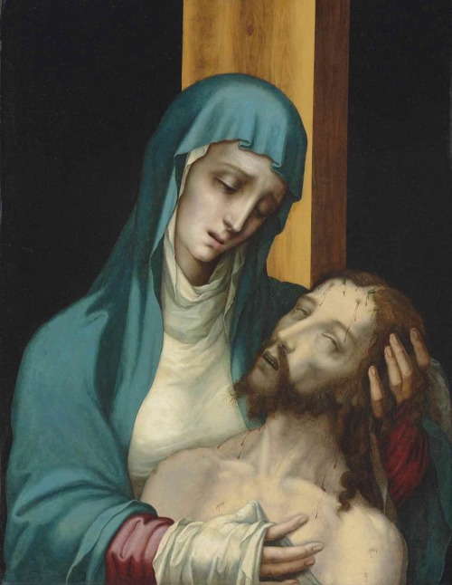 The Pietà.Oil on pine panel.55.6 x 42.6 cm.Art by Luis de Morales, El Divino.(1520?-1586?).