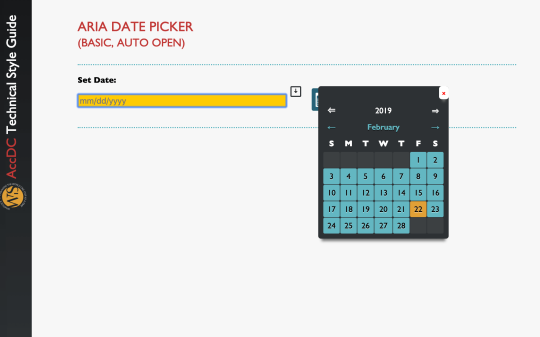 ARIA Date Picker from whatsock AccDc Technical Style Guide