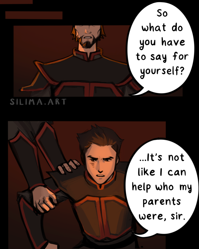 a new scene in the fire nation. a soldier says,so what do u have to say for yourself?mako,who is being held down by another soldier,bitterly says,it's not like i can help who my parents were, sir.