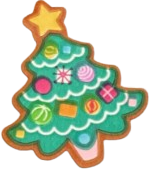 sticker of a gingerbread cookie shaped and decorated like a christmas tree.