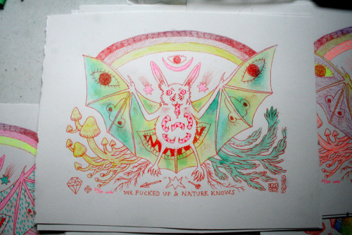 inechi:  “We fucked up and nature knows” Edition of 29 unique prints, hand painted, numbered and signed by Inés Estrada. Screen printed with the help of Pierre Ferrero during PFC in Minneapolis, US 2015. Most of them can be enjoyed best at sunset