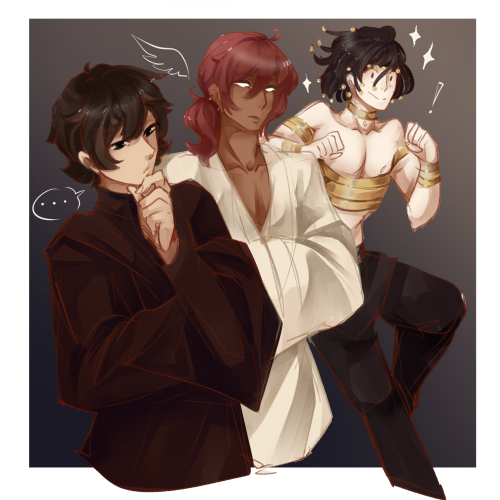 A quick warmup doodle of Samael, Chayim and Nefare (belongs to @kairahara)  