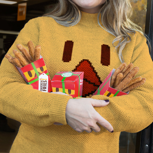 Sweater, check. Chicken Fries, check. It’s holiday season.