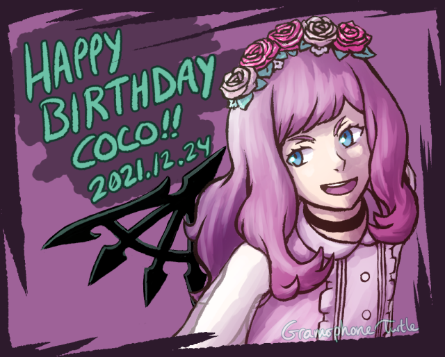 Coco Atarashi from a high angle shot. The words "HAPPY BIRTHDAY COCO!! 2021.12.24" are written in green on a pink and purple background.