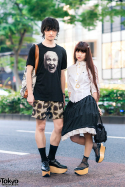 tokyo-fashion:  Married Japanese couple Kazuki and Saki - known in the Tokyo fashion scene for their shared love of Vivienne Westwood - on the street in Harajuku wearing looks by Vivienne and World’s End with jeweled devil horns, rocking horse shoes,