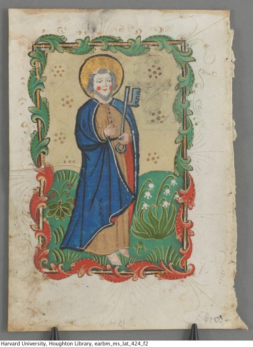 houghtonlib:St. Peter and the key to the Heavenly Gates.Illustrated leaf taken from a manuscript of 
