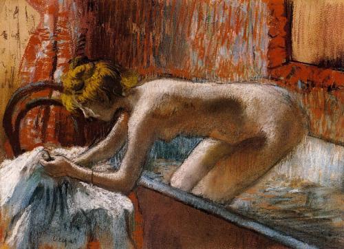 artist-degas: Woman Leaving Her Bath, 1888, Edgar DegasMedium: pastel