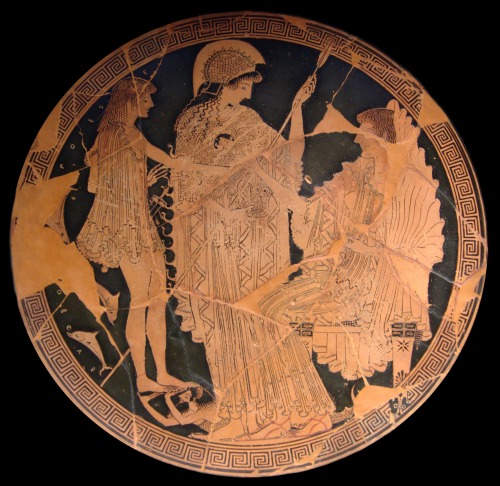 Theseus greets his stepmother Amphitrite, with Athena standing between them.  Interior of an Attic r