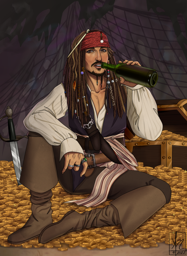 An illustration of Jack Sparrow sitting on a pile of coins. Jack has brown hair in dreads and decorated with beads and a braided goatee, he's wearing a red bandana around his head, a white long sleeved shirt, a blue best, a red and white striped clothed as a belt, a leather belt from his shoulder and a tan leather belt around his waist, borwn pants and brown knee high boots. He's sitting with his right leg up and leaning his right arm on it. His left hand brings a green tinted glass bottle to his lips. Behing him there is a chest full of coins and his sword stabbed into the pile of coins.