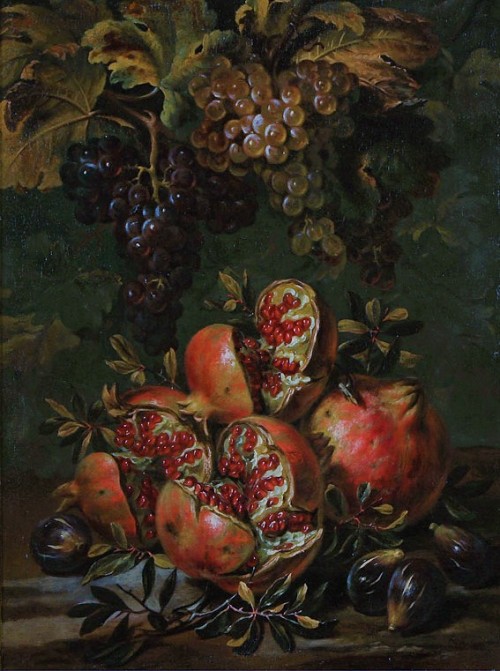 oldpaintings: Still-life with bunches of grapes, figs and four pomegranates on a ledge by Michelange
