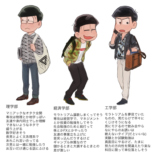 say-osomatsu:twitterで「６つ子が大学生だったら〜」を考えてくださった方のツイートがたいへんツボだったので大学生の６つ子を描こうとしました！服装はおしゃれスナップから個人的に着て欲し