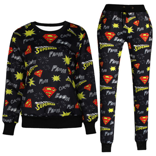 Black 3D Superman Printed Pullover Sweatshirt Pants Suit ❤ liked on Polyvore