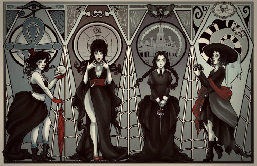 atomicpixies:  “Scream Queens” - Death, Elvira, Wednesday, Lydia Follow us for more art!  -Atomic Pixies 