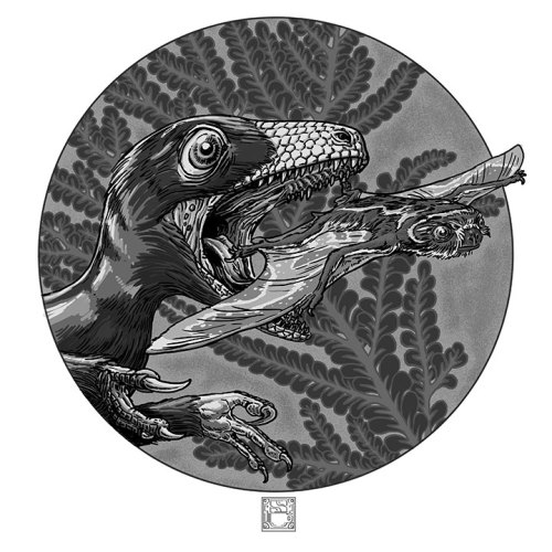 thecoffeeisblack: Final for my illustration of Compsognathus longipes attempting to seize the day al