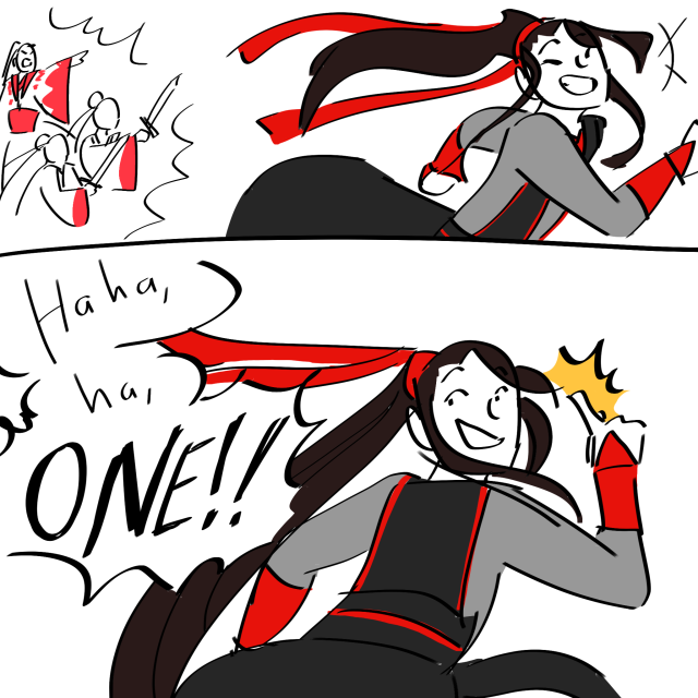 A 2 panel, halfway colored comic of Wei Wuxian running from Wen, grinning. He turns to look over his shoulder and says, "Haha, ha, ONE!" And holds up one finger.