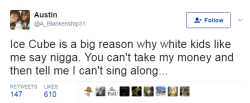theastuteblvck:   nevaehtyler:  Louder for the people in the back  Ice Cube: You (white people) Cannot say nigga because of its oppressive history against blacks  White people: *blames black people for perpetuating oppressive behavior* 