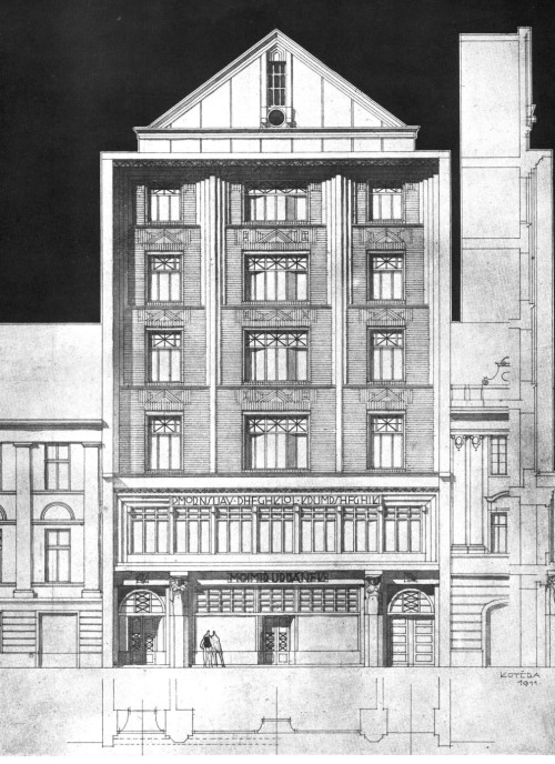 Jan Kotěra, Entwurf für das Wohn- und Geschäftshaus des Musikverlages M. Urbanek in Prag, 1911