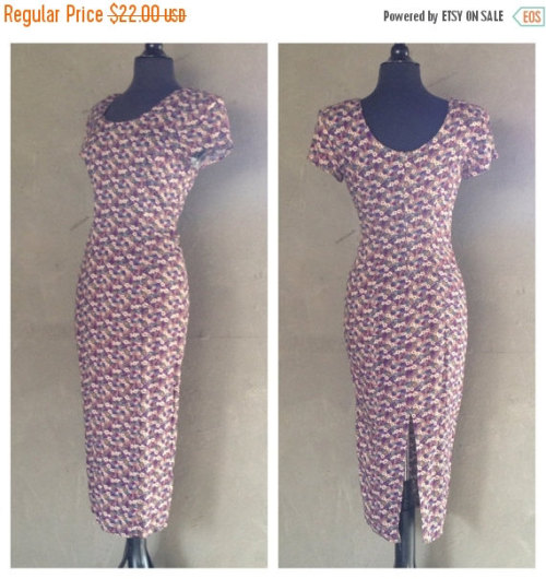 SPRING SALE 30% OFF Vintage 1990s Ditsy Floral Rayon Maxi Bodycon Short Sleeve Dress M (f)