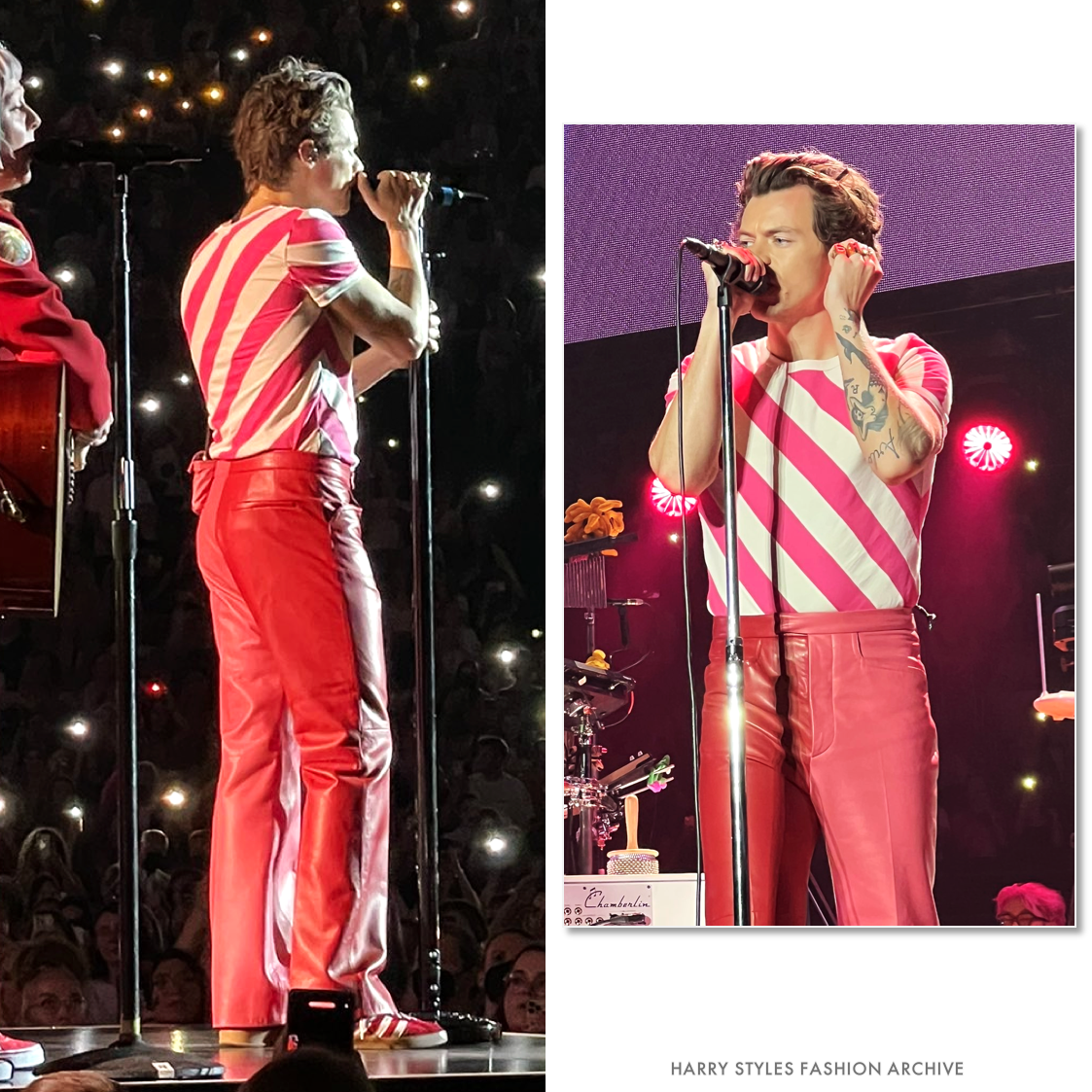 Harry Styles Lookbook on Twitter For OneNightOnlyNY Harry wore a custom  Gucci look featuring a heart printed ringer Tshirt and wideleg leather  trousers httpstcosYXfhp0OD0  morethanhabits  httpstcoTxcofpQpjB  X