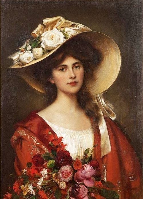 Albert Lynch - Portrait of a young woman in a hat holding a bouquet of flowers via Krista Ford