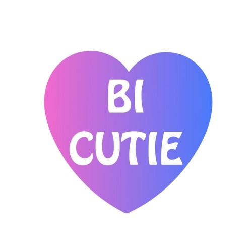 (Image description: a pink and blue heart on a white background with the words “Bi Cutie&rdquo