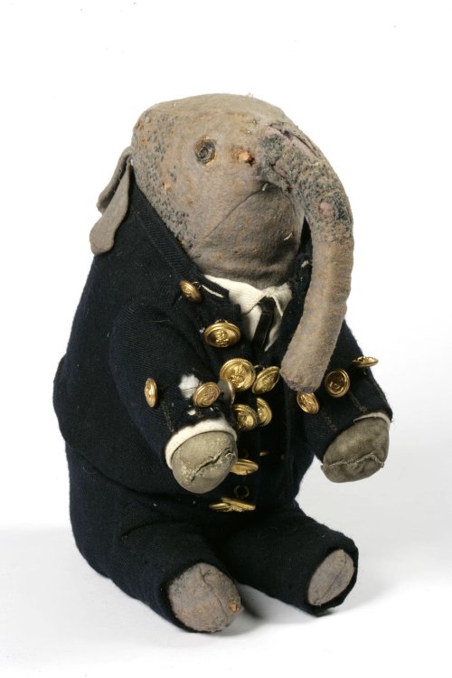 ponderorb: ‘Pumpie' Elephant soft toy made of grey felt, dressed as a sailor in a smart, dark blue, 