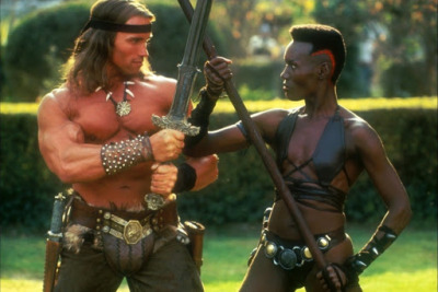 weirdlandtv:Publicity photos of Arnold Schwarzenegger and Grace Jones for CONAN THE DESTROYER (1984).