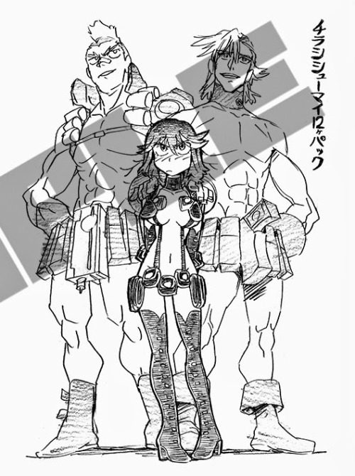as-warm-as-choco:  KILL la KILL (キルラキル) illustrations by Hiroyuki Imaishi (今石 洋之), from “The Art of KLK Vol.2” !!! NUDIST BEACH guerrilla uniforms: Ryuuko with Aikurō and Tsumugu || Nonon with Satsuki (You are SO badass and