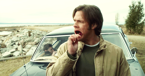 scriptorexmachina:  askhertostayforawhile:  Dean Winchester waking up in the background.  i LOVE when they have realistic moments like this 