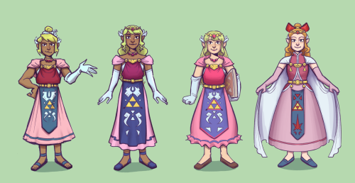 [drawings of four different “toon” Zeldas, from Wind Waker, Spirit Tracks, Minish Cap, a