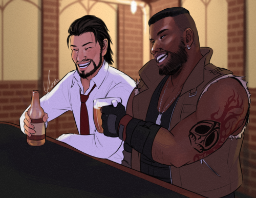 Barret and Reeve laughing over drinks for @tacotits! Maybe a post-adventure birthday celebration? I 