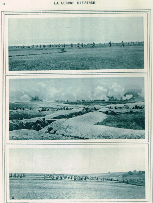 “Scenes in the french front: (1) troops advance for the attack in open field; (2) when the fire begi