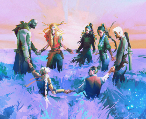 annazees:plane shift[image description: a stylized illustration of Vox Machina, forming a circle in 