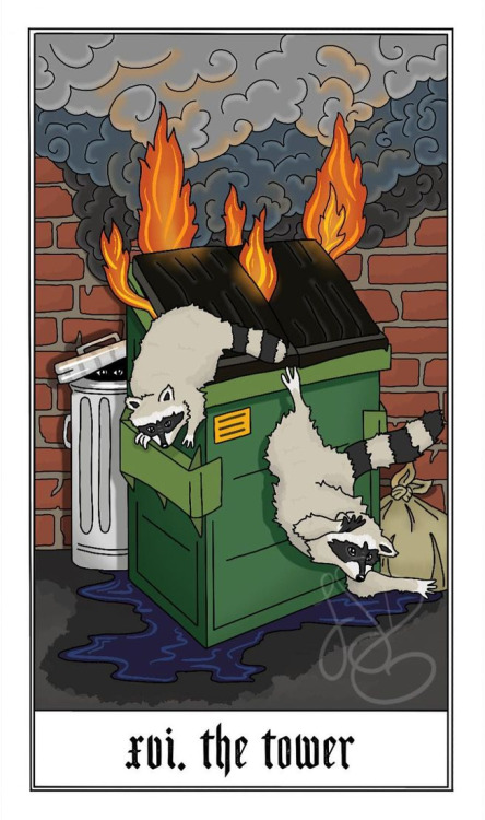 comparativetarot:The Tower.

 

Art by Jennifer Starling Dukehart, from the Trash Panda Tarot. #raccoon art#raccoon#dailyraccoons