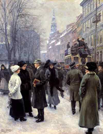Copenhageners on a winter day at Amagertorv   -  Paul Fischer   1912Danish   1860-1934Church of the 