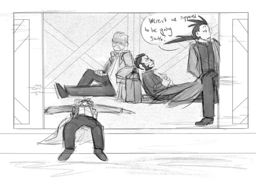 humming-fly:there’s barely a punchline to this one i just wanted to draw the gang trying to hop on a