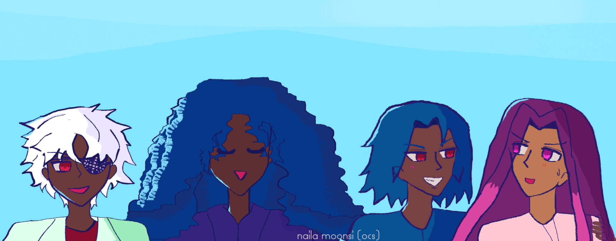 Full art of OCs with repeating alt text. Layla has a red eye, eyepatch, and an odd smile going, is dark brown with wavy white-silver anime hair. She wears a light green suit with green shadow, and a red shirt. Alia is also dark brown, has falling anime ocean blue curls, with a noticeable aqua highlight. She's smiling to herself and wears a blue-violet coat. Antonio has red eyes, a grin, is brown, has lighter ocean blue hair that falls like ocean waves, and has grabbed onto Alejandro, who looks a little shy, is sienna brown, has long violet hair, fuschia eyes (a power-up of red eyes), dark pink dyed locks in front of him, and he's wearing a pink shirt, as is looking back at Antonio. They both have slight blushes.